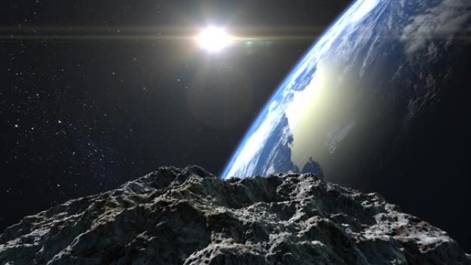 小行星落在地球上。一颗危险的小行星正慢慢接近旋转地球。星空。4K.星星闪烁。3d渲染。NASA。