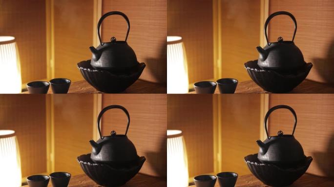 中国茶准备，带蒸汽的茶壶