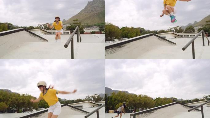 酷的年轻女子穿着旱冰鞋，在滑板公园骑马时做把戏。一个熟练的滑冰运动员，一边在户外玩得开心。人们练习轮