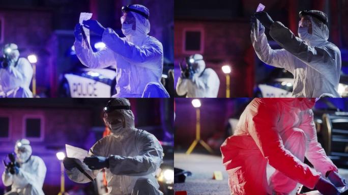 跟踪镜头: 法医专家在清晰的灯光下检查证据，然后将袋子放在安全的箱子中。专家在将其送去进行DNA分析