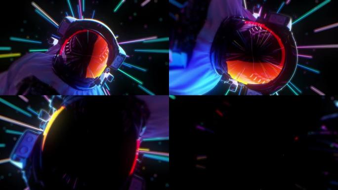 3D渲染宇航员在霓虹灯的头盔中转身。移动视频游戏屏幕保护程序