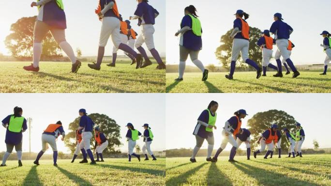 不同群体的女棒球运动员在球场上锻炼，跑步和接触地面