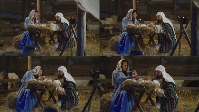 玛丽和约瑟夫说话并照顾婴儿耶稣