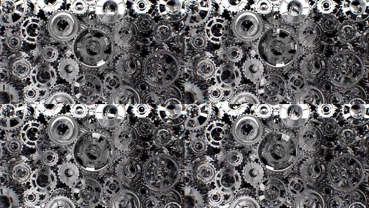 运动中的齿轮无缝。许多金属齿轮在抽象机构中协作旋转，工作精美循环3d动画。