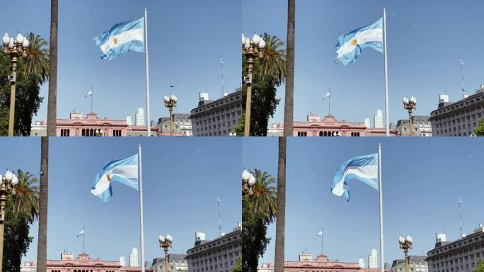 阿根廷首都布宜诺斯艾利斯市中心的梅奥广场 (英语: May Square) 的旗帜。放大。4k分辨率