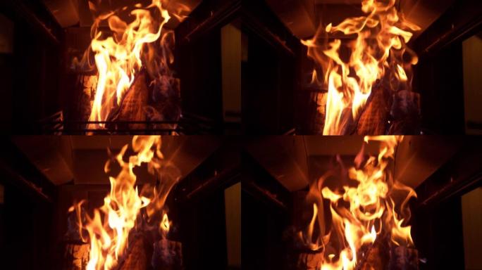 特写镜头，dop: 在黑暗的客厅里燃烧的舒适大火的电影镜头。
