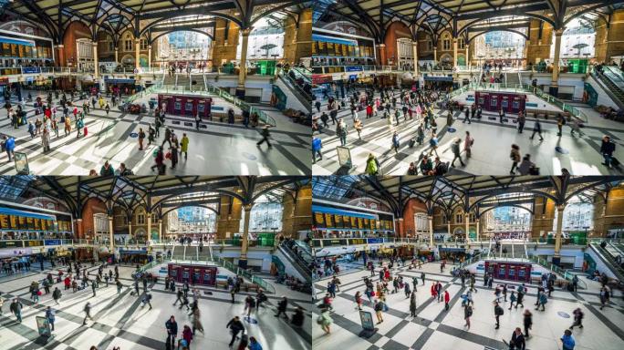 英国伦敦市区利物浦街车站拥挤通勤者的时间流逝，