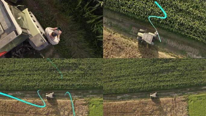 空中动画图形从数字平板电脑中弹出，农民在野外使用它