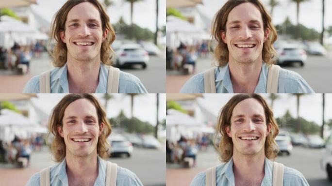 男人，脸和快乐的肖像在街头，暑假和夏威夷旅行，户外和背包自由。年轻男性游客，在城市或城市度假的道路上