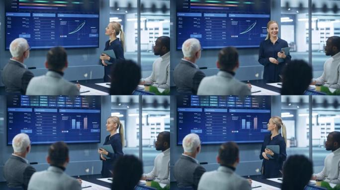 多元化的现代办公室: 成功的女商人使用电视屏幕与大数据，统计数据，谈论公司的增长，与投资者讨论战略。