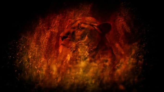 母狮用发光的眼睛在火中抬头