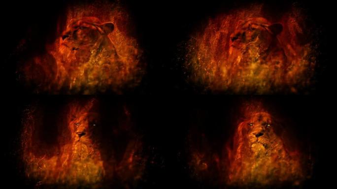 母狮用发光的眼睛在火中抬头