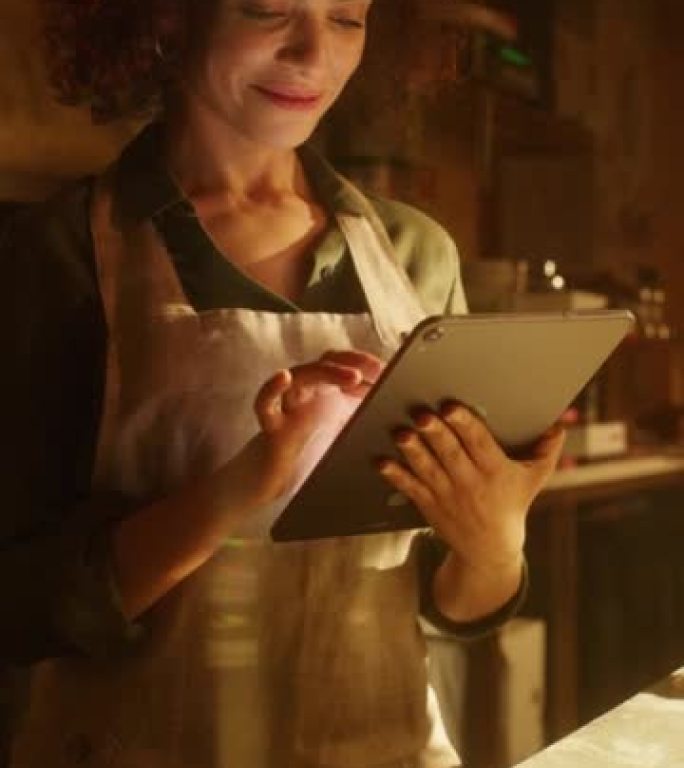 垂直屏幕餐厅: 美丽的女厨师使用数字平板电脑。正宗的比萨店烹饪美味的有机生态食品。在她的小型企业家庭