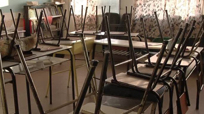 在冠状病毒大流行期间，阿根廷封闭的公立学校的老式胶合板和金属学校椅子颠倒在空旷的教室里。