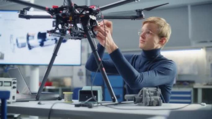 电子男工程师与无人机一起工作，并将微芯片放在上面。计算机科学研究实验室与工作专家的概念。肖像视图