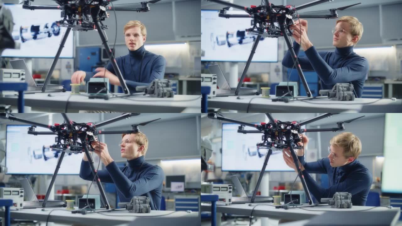电子男工程师与无人机一起工作，并将微芯片放在上面。计算机科学研究实验室与工作专家的概念。肖像视图