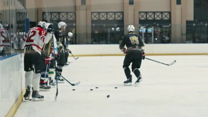 冰球场队，专业训练场和冬季比赛冠军的体育比赛，滑冰运动和用棍棒击打冰球。男子运动员学习室内滑冰场