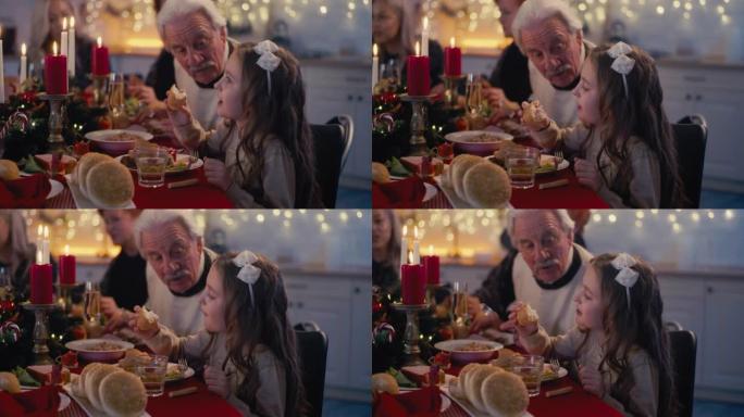 小女孩和爷爷在圣诞晚餐上聊天