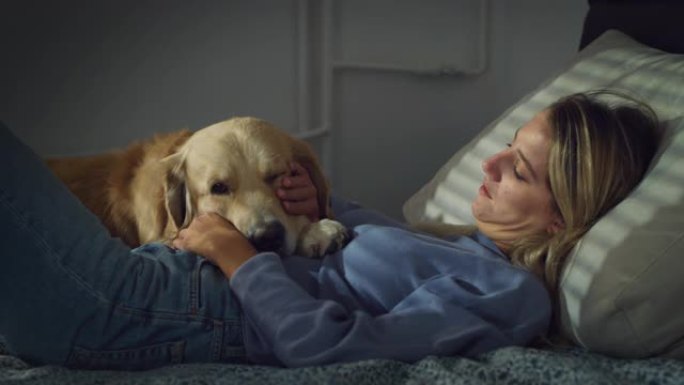 女人躺在床上的肖像，她的金毛猎犬在卧室里。女狗主人花时间和她熟睡的宠物在一起，抚摸他，建立联系。让他