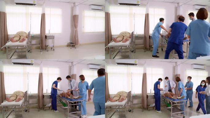 4K UHD多莉射击: 医院格尼担架床上的新病人被送往急诊室。