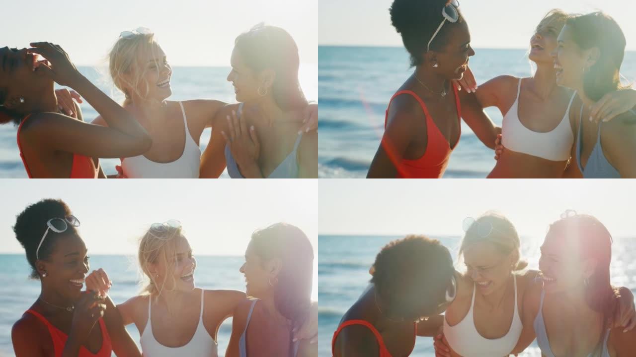 穿着比基尼的年轻多民族女友在日落时分有大海的海滩上一起享受暑假。