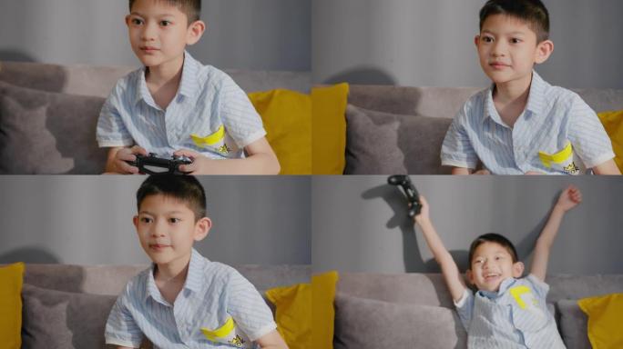 亚洲男孩在家里玩在线游戏机时击败了他的朋友