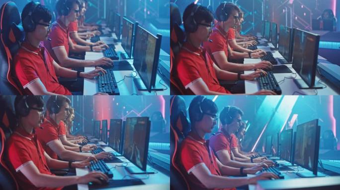 专业游戏玩家组成的多元化Esport团队在锦标赛上玩模拟FPS射击视频游戏。时尚霓虹灯网络游戏竞技场