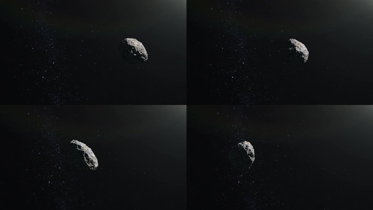 小行星正在太空飞行。星星闪烁。小行星旋转并向左缓慢飞行。星空。4K. 3d渲染。