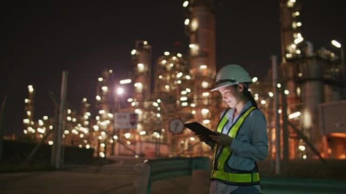工程师在石油和天然气精炼厂内部使用数字平板电脑在夜间工作