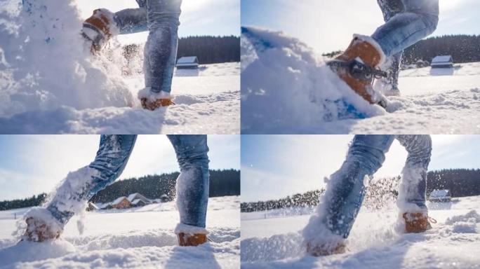 在雄伟的冬季风景中徒步旅行和雪鞋行走