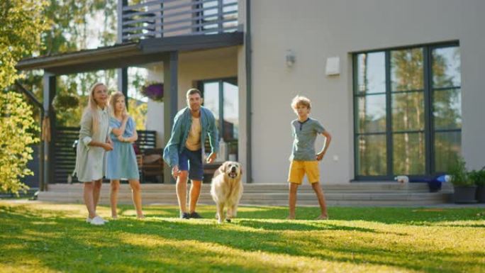 微笑的四口之家在后院草坪上与快乐的金毛猎犬一起玩飞碟。田园诗般的家庭在后院和忠诚的血统狗在户外玩得很