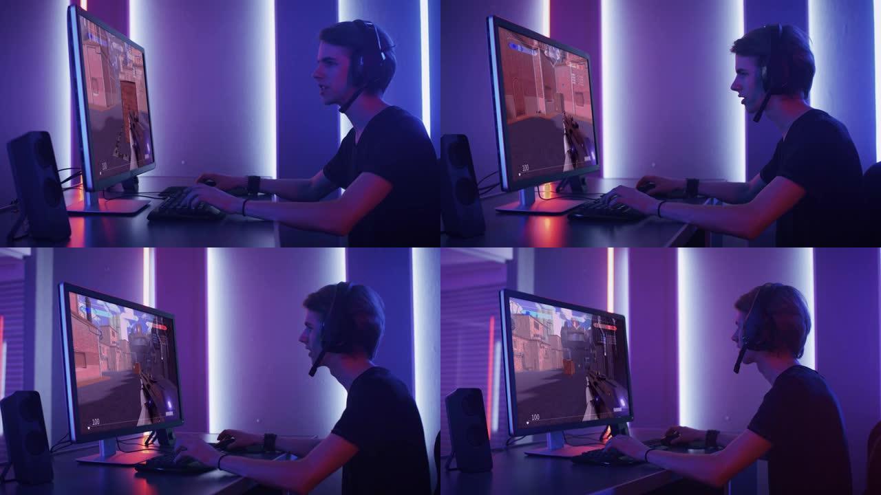 专业电子竞技游戏玩家在他的计算机上巧妙地玩3D射击游戏模拟视频游戏，具有超级动作和有趣的特殊效果，并