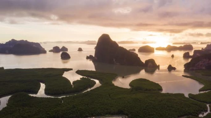 日出无人驾驶飞机超延时美丽的山在Phang-Nga湾，延时鸟瞰图美丽的风景