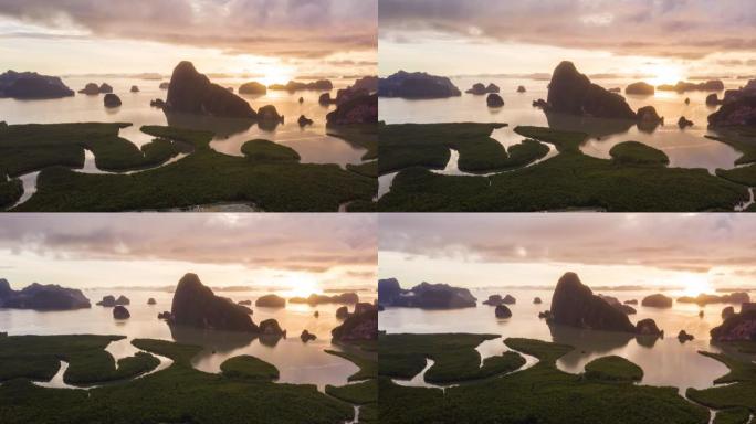 日出无人驾驶飞机超延时美丽的山在Phang-Nga湾，延时鸟瞰图美丽的风景