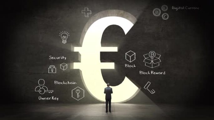 商人在 “欧元货币标志” 孔前，区块链技术图标。4k。