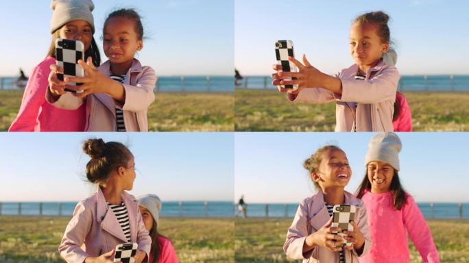 女童，带智能手机的公园和自拍，户外一日游，带摄影和手机的自然和技术。快乐，孩子们和年轻人在开普敦用手