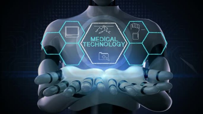 机器人，半机械人打开两个手掌，“医疗技术” 和各种未来的医疗技术图标在六角形，4k动画。2。