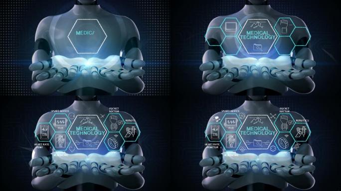 机器人，半机械人打开两个手掌，“医疗技术” 和各种未来的医疗技术图标在六角形，4k动画。2。