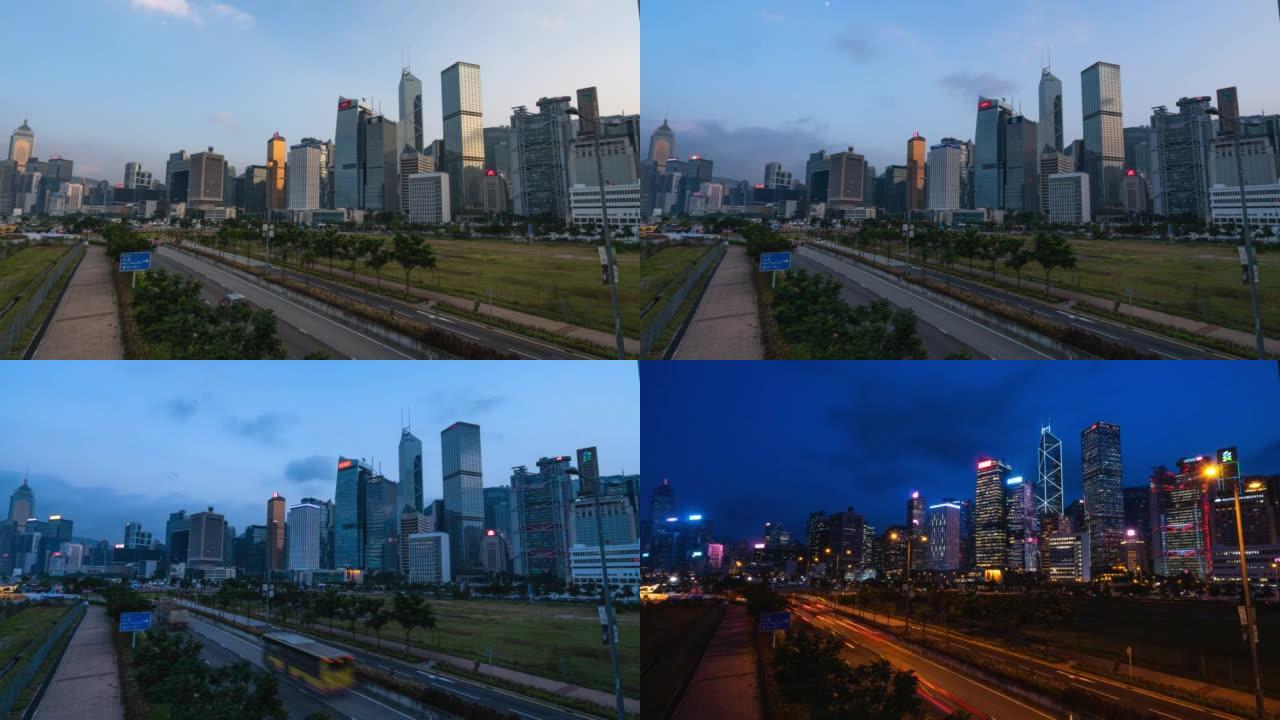 4k超高清日夜延时金钟香港天际线建筑城市景观。全球商业和金融中心。