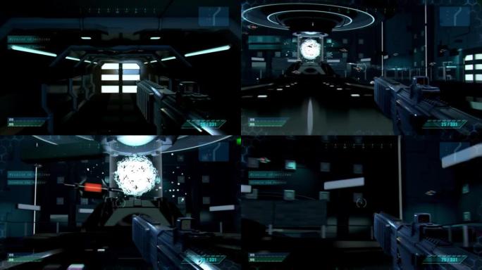 视频游戏模型: 游戏3D第一人称科幻宇宙射击游戏。3D游戏演练，在宇宙飞船上射击枪支和步枪，多人对抗