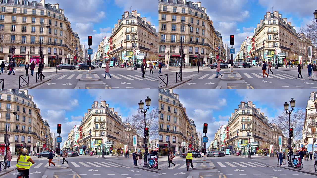 巴黎时装街。交叉点。人们路过。路灯。现代城市。