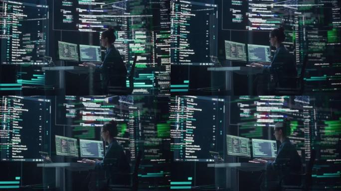 在监控控制室工作的女程序员的多莉镜头，周围是大屏幕，显示编程语言代码行。女人创建软件和编码的肖像