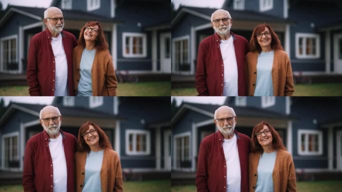 快乐的高级夫妇在他们的乡间别墅户外欢笑，彼此相爱。大人们看着镜头微笑，享受着积极的退休生活。