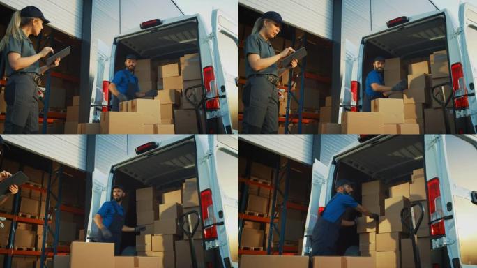 物流配送仓库外，女经理使用平板电脑，与用纸箱装载送货卡车的工人交谈。在线订单、采购、电子商务商品