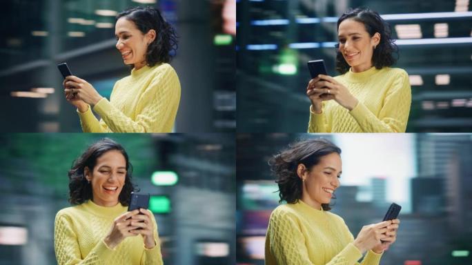 360度街拍: 使用智能手机拍摄美丽的拉丁女人的肖像。微笑的西班牙裔女企业家使用手机进行在线购物，电