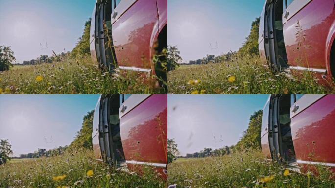 DL露营车停在开满春花的草地上