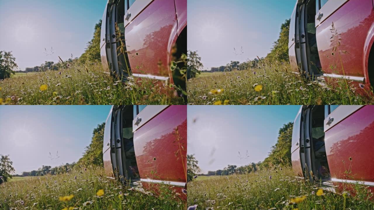 DL露营车停在开满春花的草地上