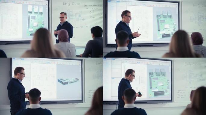 男性教育者使用投影屏幕，并在指向计算机主板组件的同时向不同的学生解释。教育、计算机科学和高科技概念。