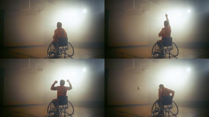 轮椅篮球运动员穿着红色制服的投篮成功，打进了一个完美的进球。残疾人的决心、训练、灵感。暖色静态宽幅镜
