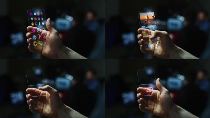《商人的电影特写》通过使用具有先进增强沉浸式现实全息技术的未来派液晶智能手机上的face ID扫描，
